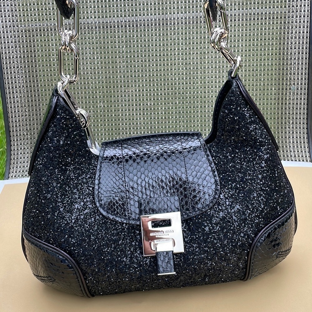Michael Kors Collection Bancroft Medium Glitter and Snakeskin Shoulder Bag - Picture 6 of 15